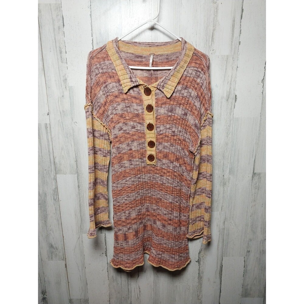 Free People Wendy Ribbed Romper Knit Sweater Stripe Gold Brown Rust Small